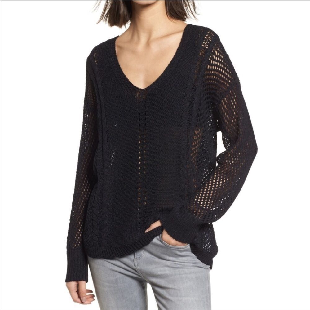 Black V Neck Crochet Pullover Lightweight Sweater NEW